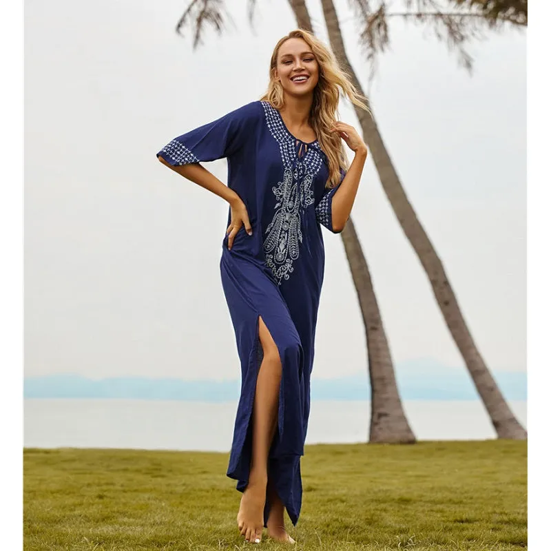 Womens Embroidered Sexy Side Split Long Sleeve Maxi Dress