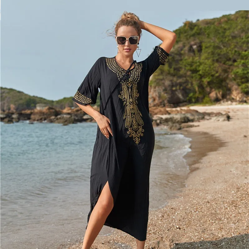 Womens Embroidered Sexy Side Split Long Sleeve Maxi Dress