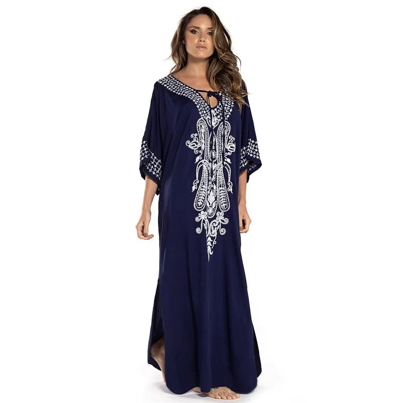 Womens Embroidered Sexy Side Split Long Sleeve Maxi Dress