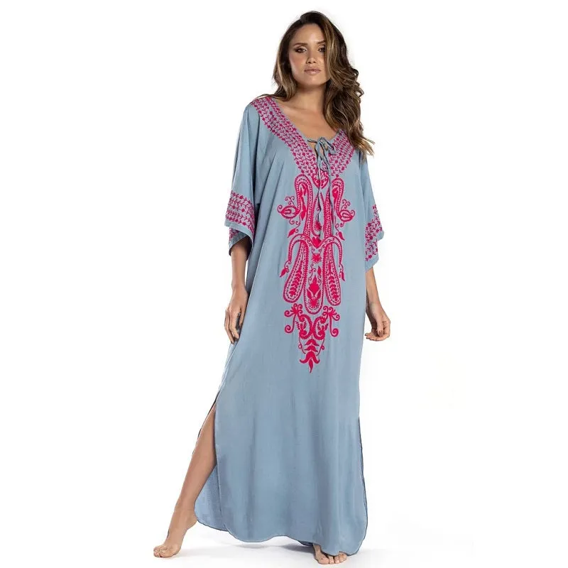 Womens Embroidered Sexy Side Split Long Sleeve Maxi Dress