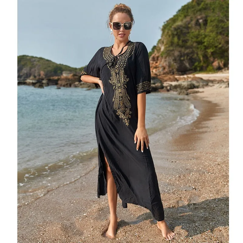 Womens Embroidered Sexy Side Split Long Sleeve Maxi Dress