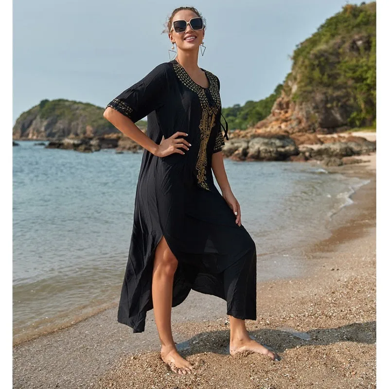 Womens Embroidered Sexy Side Split Long Sleeve Maxi Dress