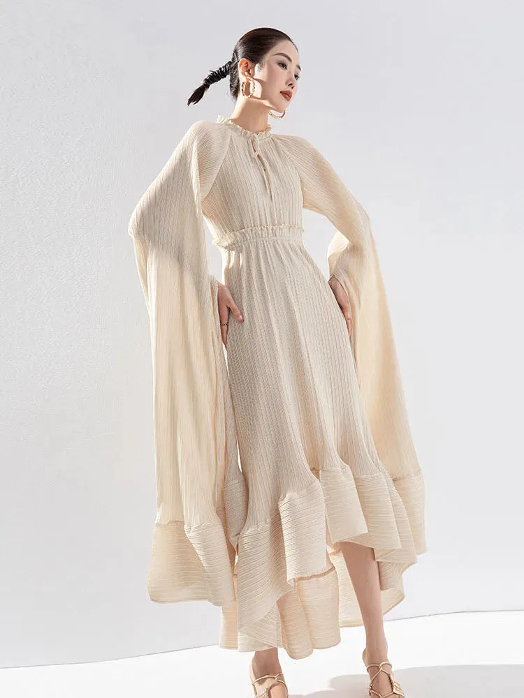 Women's Pleated Midi Dress with Elegant Cape
