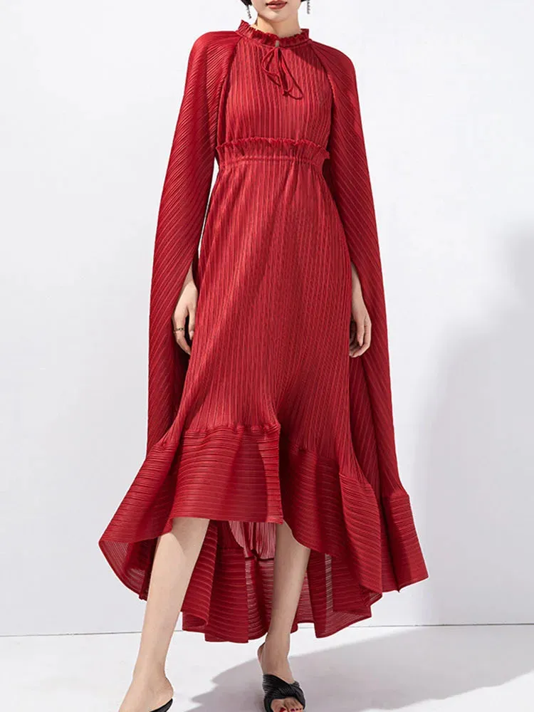Women's Pleated Midi Dress with Elegant Cape