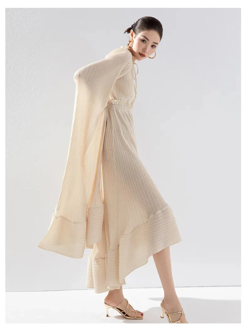 Women's Pleated Midi Dress with Elegant Cape