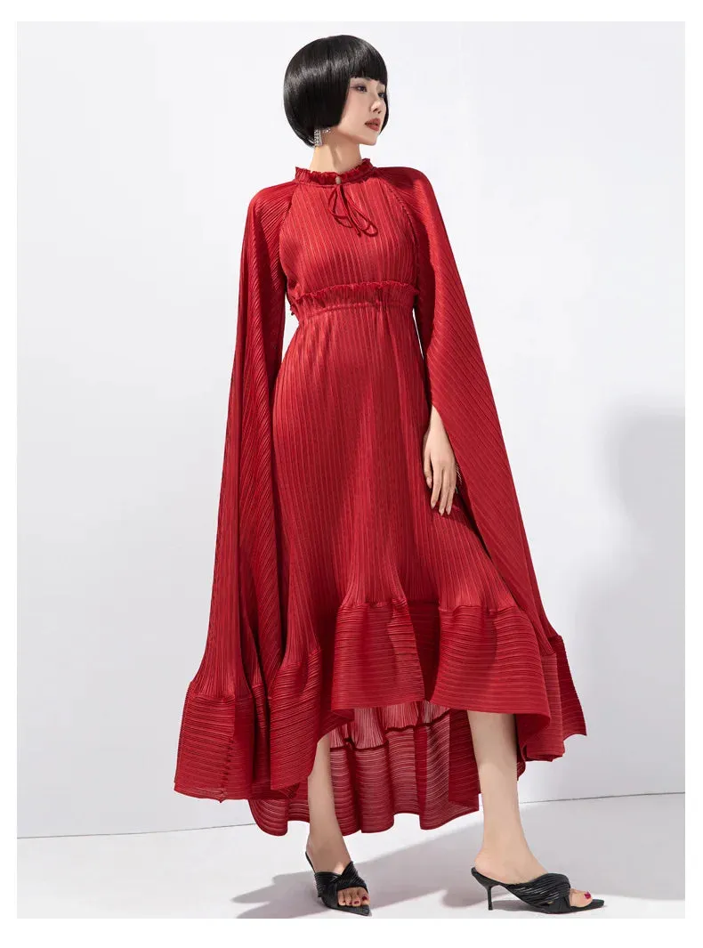 Women's Pleated Midi Dress with Elegant Cape