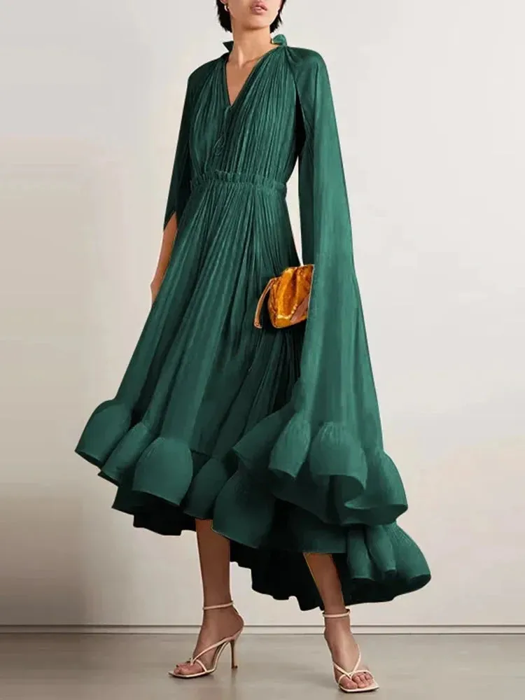 Women's Pleated Midi Dress with Elegant Cape