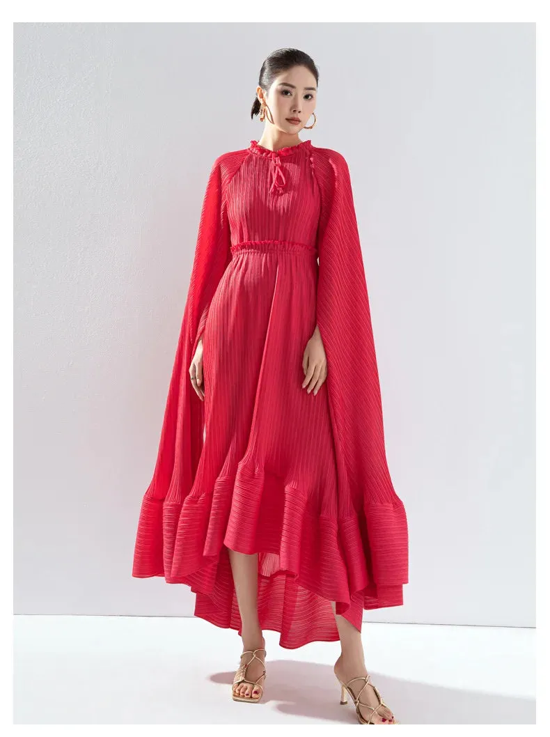 Women's Pleated Midi Dress with Elegant Cape