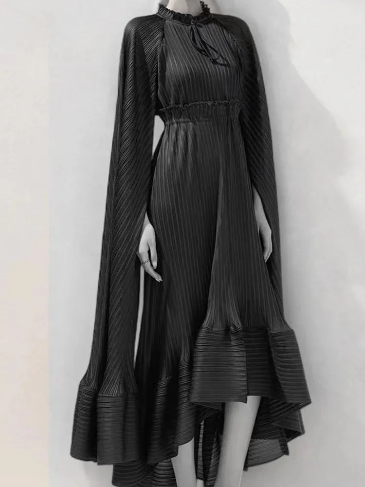 Women's Pleated Midi Dress with Elegant Cape