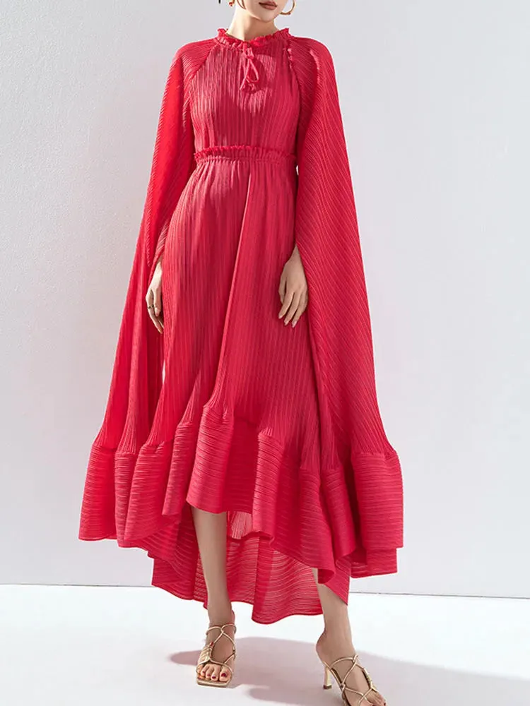 Women's Pleated Midi Dress with Elegant Cape